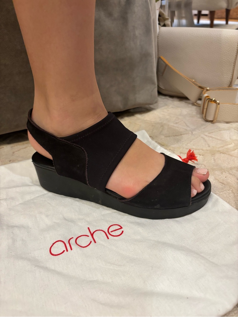 Arche Black Women's Open-Toe Slingback Wedges in suede